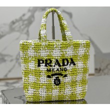 Prada Raffia-effect yarn Small crochet tote bag 1BG422 White/Green