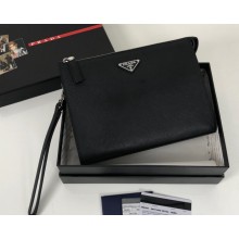 Prada Saffiano Leather Pouch Clutch Bag 2NE009 Enameled metal triangle logo Black/Silver