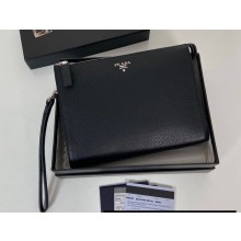 Prada Leather Pouch Clutch Bag 2NE009 metal lettering logo Black/Silver