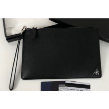 Prada Saffiano Leather Pouch Clutch Bag 2NG005 metal lettering logo Black/Silver