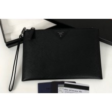 Prada Saffiano Leather Pouch Clutch Bag 2NG005 triangle and metal lettering logo Black/Silver