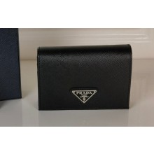Prada Small Saffiano Leather Wallet 1MV021 Enameled metal triangle logo Black/Silver