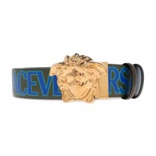 Versace Blue & Gold Medusa Head Logo-print Belt 4 cm 2023