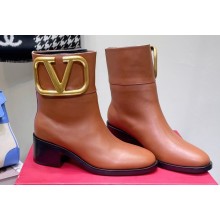 Valentino Ankle Boots In Calfskin Leather Brown with VLogo Signature detail 2023