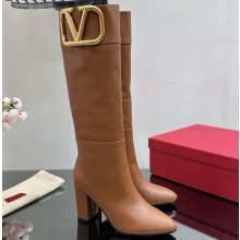 Valentino High Heel Boots In Calfskin Leather Brown with VLogo Signature detail 2023