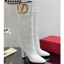 Valentino High Heel Boots In Calfskin Leather White with VLogo Signature detail 2023