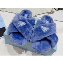 Prada Enameled metal triangle logo shearling Crisscross sandals 1XX600 Blue 2023