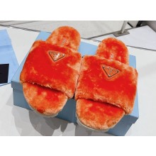 Prada Enameled metal triangle logo shearling Slide sandals Orange 2023