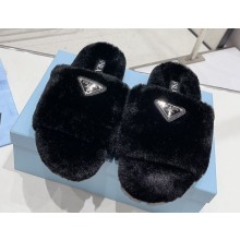 Prada Enameled metal triangle logo shearling Slide sandals Black 2023
