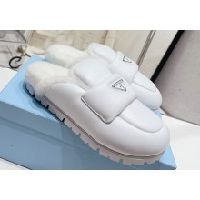 Prada Enameled metal triangle logo shearling Lining padded sabots slippers White 2023