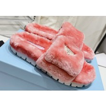 Prada Enameled metal triangle logo shearling padded slides Pink 2023