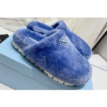 Prada Enameled metal triangle logo shearling padded slippers Blue 2023