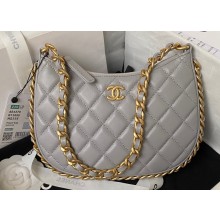 Chanel Shiny Crumpled Lambskin & Gold-Tone Metal Hobo Handbag AS4378 Gray 2023