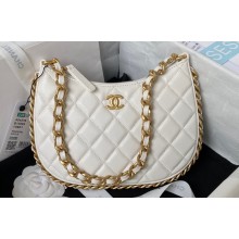 Chanel Shiny Crumpled Lambskin & Gold-Tone Metal Hobo Handbag AS4378 White 2023