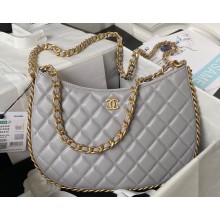 Chanel Shiny Crumpled Lambskin & Gold-Tone Metal Large Hobo Bag AS4368 Gray 2023