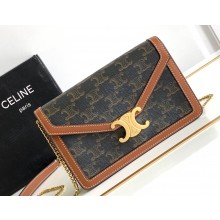 Celine WALLET ON CHAIN triomphe Bag in TRIOMPHE CANVAS and calfskin 10J733 Tan