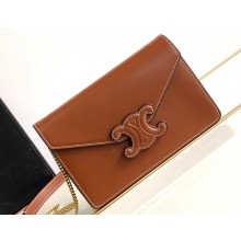 Celine WALLET ON CHAIN triomphe Bag in Shiny calfskin 10J733 Tan