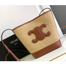 Celine SMALL BUCKET CUIR TRIOMPHE Bag in RAFFIA EFFECT TEXTILE AND CALFSKIN Natural / Tan 198243
