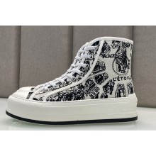 DIOR Walk'n'Dior Platform High Top Sneakers in White and Black Cotton Embroidered with Plan de Paris Motif 2023