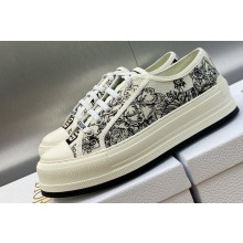 DIOR Walk'n'Dior Platform Low Top Sneakers in White and Black Embroidered Cotton with Toile de Jouy Voyage Motif 2023