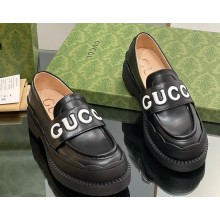 Gucci script Scalloped rubber trim Mid-heel loafers 752854 Black 2023
