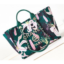Chanel Deauville Printed Velvet and Wooden Pearls Small Shopping Bag AS3257 Green 2023