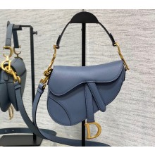Dior Mini Saddle Bag with Strap in Grained Calfskin Denim Blue 2023