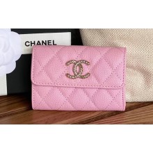 Chanel Gold-Tone Cutout CC Logo Flap Card Holder AP3187 in Grained Calfskin Pink