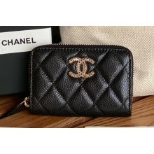 Chanel Gold-Tone Cutout CC Logo Zip Card Holder AP3185 in Grained Calfskin Black