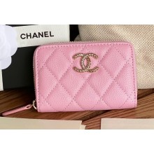 Chanel Gold-Tone Cutout CC Logo Zip Card Holder AP3185 in Grained Calfskin Pink