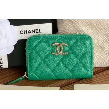 Chanel Gold-Tone Cutout CC Logo Zip Card Holder AP3185 in Grained Calfskin Green