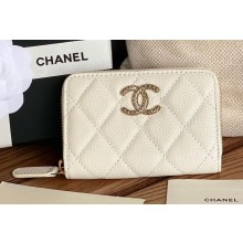 Chanel Gold-Tone Cutout CC Logo Zip Card Holder AP3185 in Grained Calfskin White