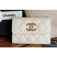 Chanel Gold-Tone Metal Logo Flap Card Holder AP3047 in Grained Calfskin White