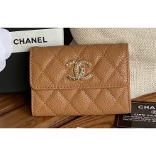 Chanel Gold-Tone Metal Logo Flap Card Holder AP3047 in Grained Calfskin Brown