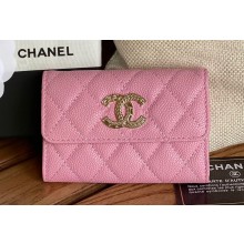 Chanel Gold-Tone Metal Logo Flap Card Holder AP3047 in Grained Calfskin Pink