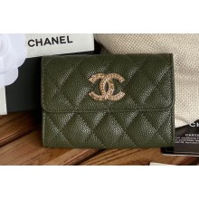 Chanel Gold-Tone Metal Logo Flap Card Holder AP3047 in Grained Calfskin Green