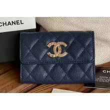 Chanel Gold-Tone Metal Logo Flap Card Holder AP3047 in Grained Calfskin Blue