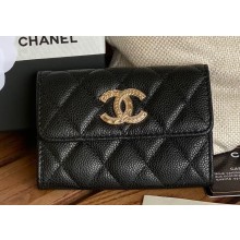 Chanel Gold-Tone Metal Logo Flap Card Holder AP3047 in Grained Calfskin Black