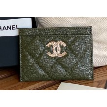 Chanel Gold-Tone Metal Logo Card Holder AP3048 in Grained Calfskin Green