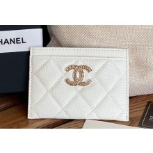 Chanel Gold-Tone Metal Logo Card Holder AP3048 in Grained Calfskin White