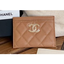 Chanel Gold-Tone Metal Logo Card Holder AP3048 in Grained Calfskin Brown