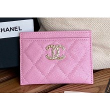 Chanel Gold-Tone Metal Logo Card Holder AP3048 in Grained Calfskin Pink