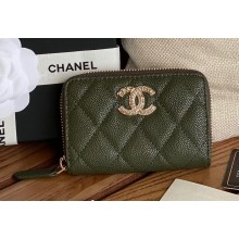 Chanel Gold-Tone Metal Logo Zip Card Holder AP3045 in Grained Calfskin Green