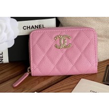 Chanel Gold-Tone Metal Logo Zip Card Holder AP3045 in Grained Calfskin Pink
