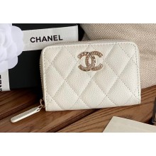 Chanel Gold-Tone Metal Logo Zip Card Holder AP3045 in Grained Calfskin White