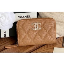 Chanel Gold-Tone Metal Logo Zip Card Holder AP3045 in Grained Calfskin Brown