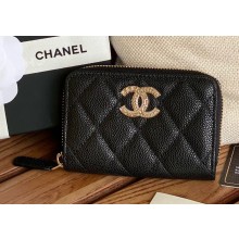 Chanel Gold-Tone Metal Logo Zip Card Holder AP3045 in Grained Calfskin Black