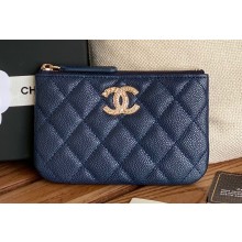 Chanel Gold-Tone Metal Logo Zip Card Holder AP3049 in Grained Calfskin Blue