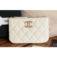 Chanel Gold-Tone Metal Logo Zip Card Holder AP3049 in Grained Calfskin White