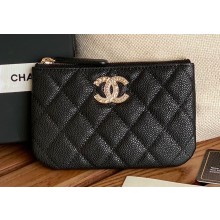 Chanel Gold-Tone Metal Logo Zip Card Holder AP3049 in Grained Calfskin Black